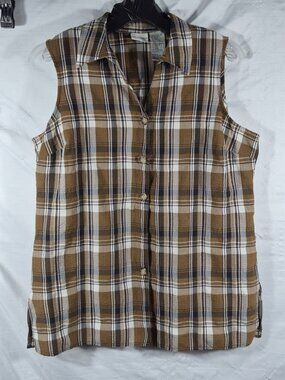 Whitestag Women's Brown & White Crinkle Plaid Sleeveless Tartan Top Size XL